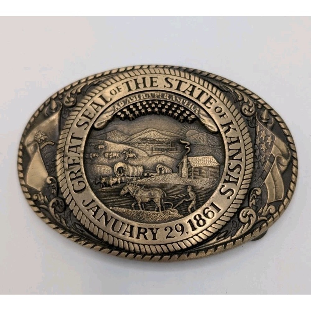VTG Tony Lama Collection State Series State Seal of KANSAS Brass Belt Buckle